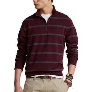 New! Polo by Ralph Lauren Men's Quarter Zip Maroon and Gray Stripe Sweater